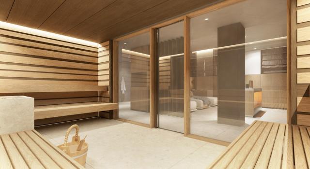 Una sauna moderna con pareti in legno e una porta di vetro.